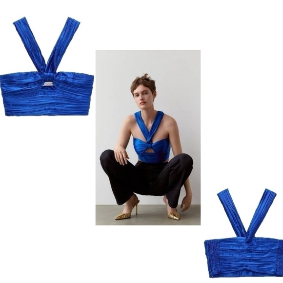 Zara Royal cobalt blue satin effect ruched cut-out front knot halter crop top - Picture 2 of 12